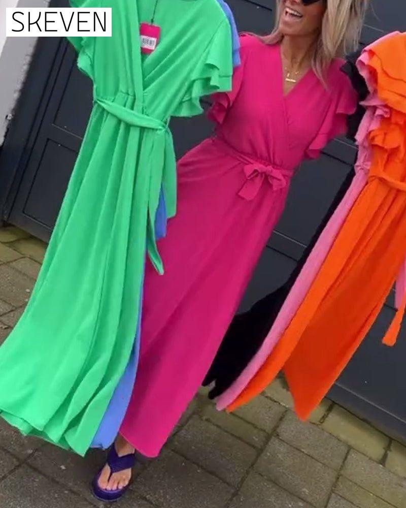 Solid Color Ruffle Sleeve Tie Long Dress