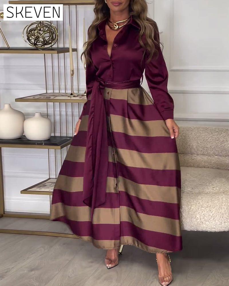 Elegant striped printed lapel strap dress 2024 f/w casual dresses spring