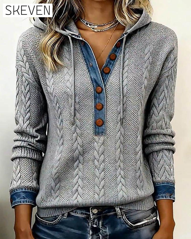 Color-Blocked Button Long-Sleeved Hooded