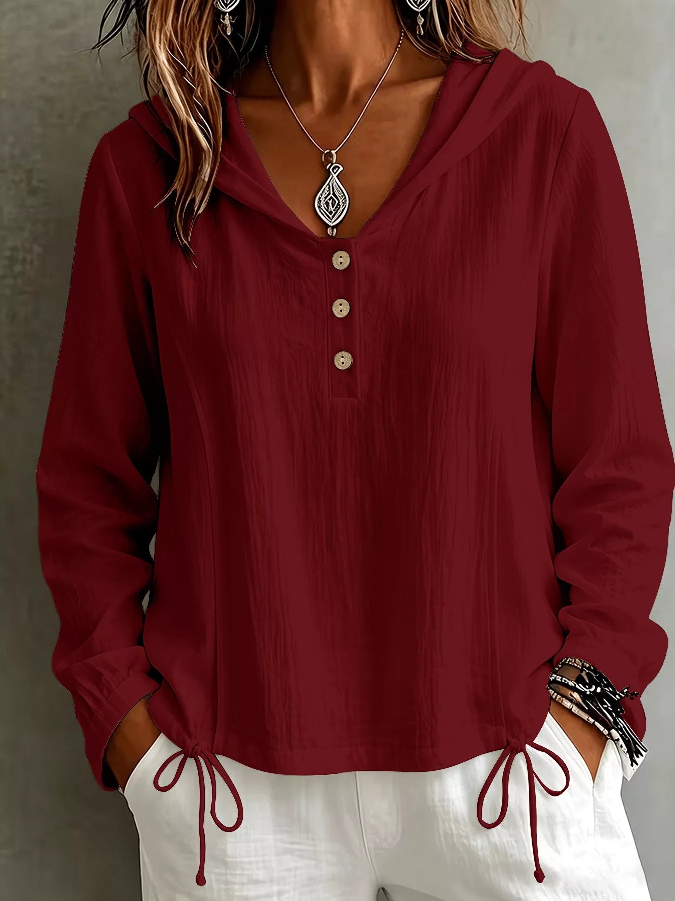 Button Detail Long Sleeve Hooded Blouse