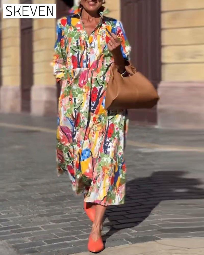 Bedrucktes Swingkleid mit Reverskragen und halblangen Ärmeln