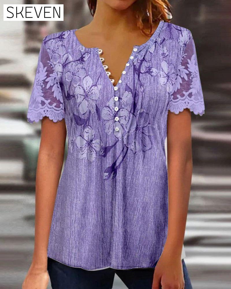 Bluse mit Spitzeneinsatz, Rundhalsausschnitt und Print
