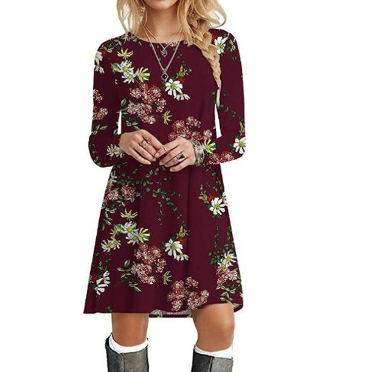 Casual Floral Print Round Neck Long Sleeve Holiday Dress