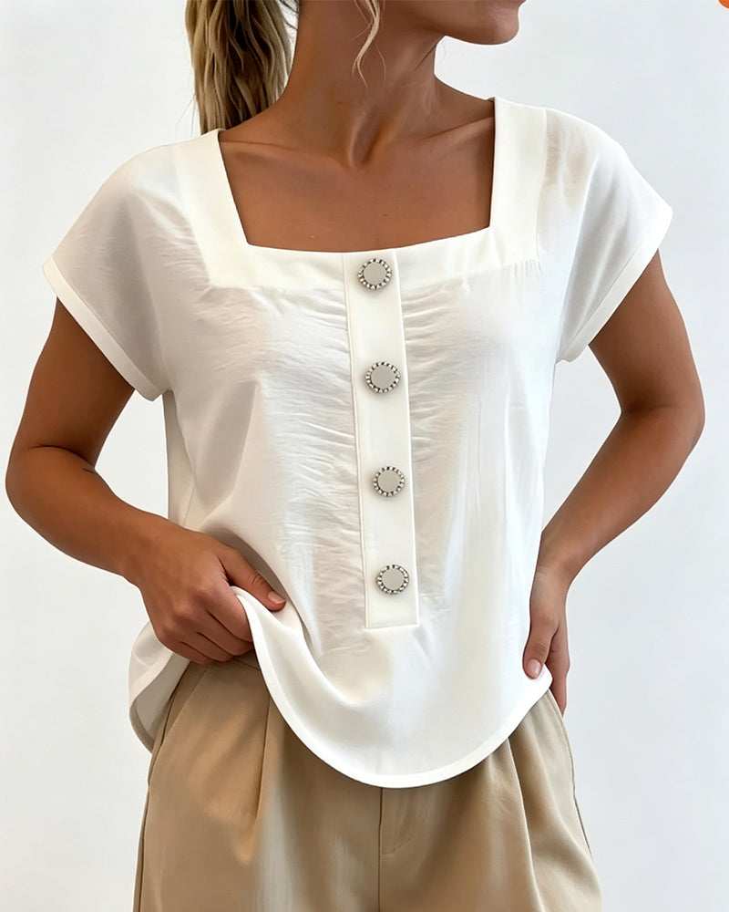 Square Collar Solid Color Blouse