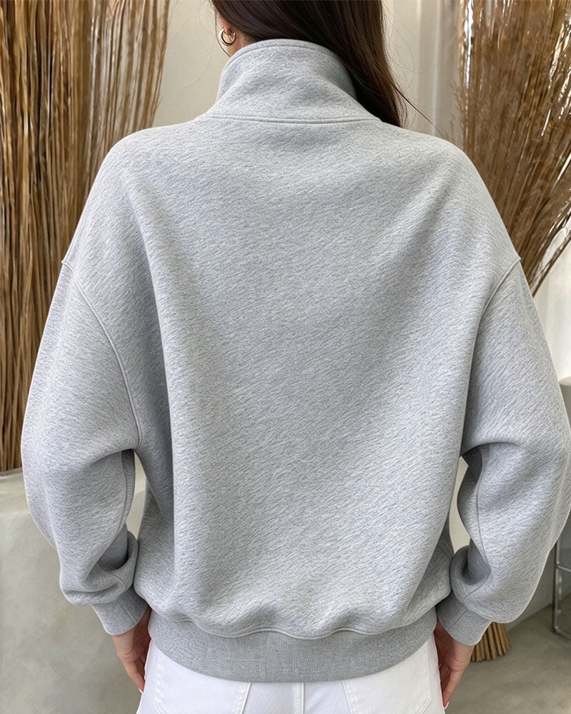 High Collar Buttoned Long Sleeve Sweatshirt