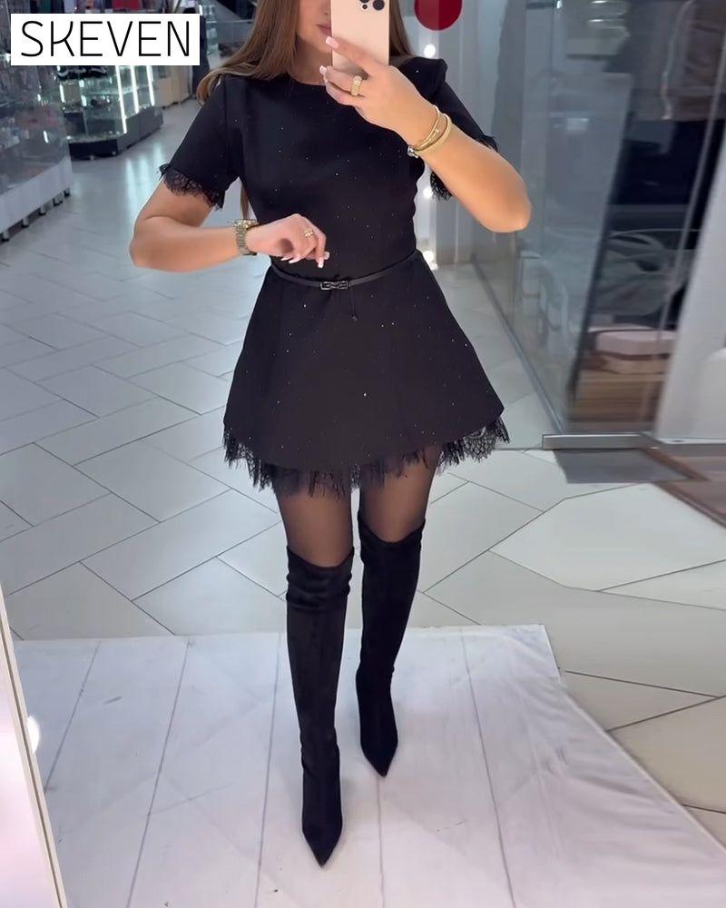 Sparkling Lace Short-Sleeve A-Line Dress