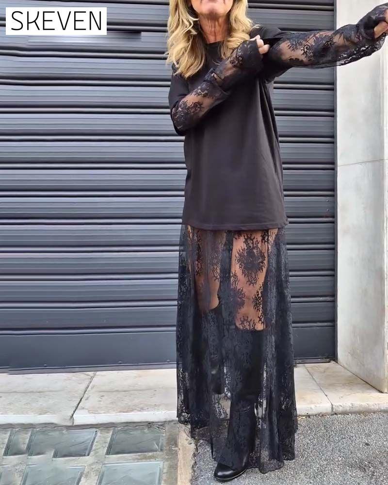 Ensemble deux pièces - t-shirt uni et jupe en dentelle