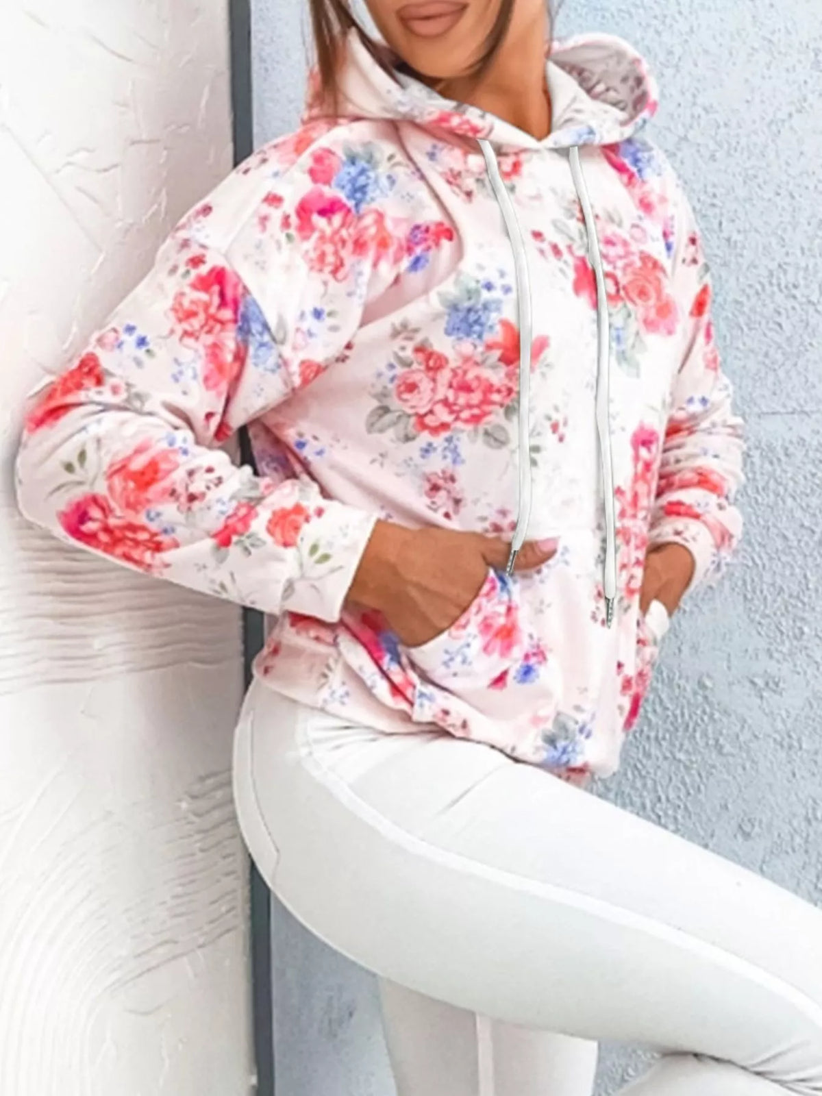 Floral Print Drawstring Hoodie with Kangaroo Pocket