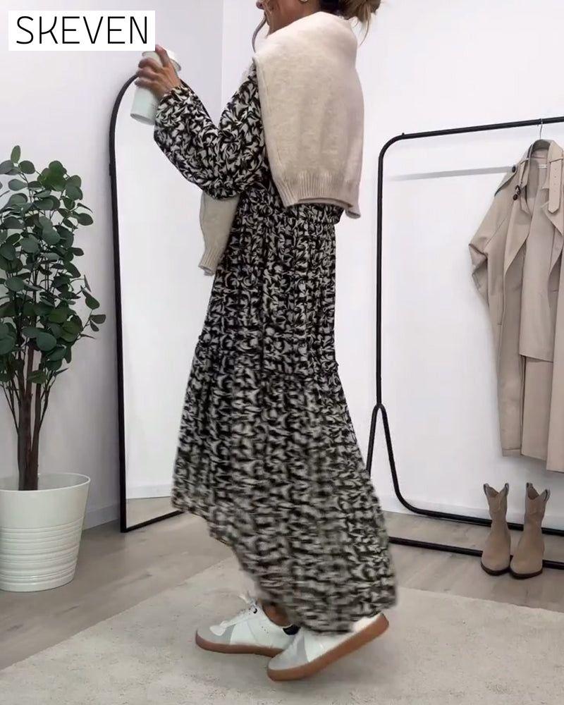 Lässiges bedrucktes A-Linien-Kleid mit langen Ärmeln