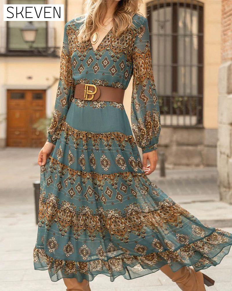 Kleid mit V-Ausschnitt im Ethno-Stil, lässig, für den Urlaub