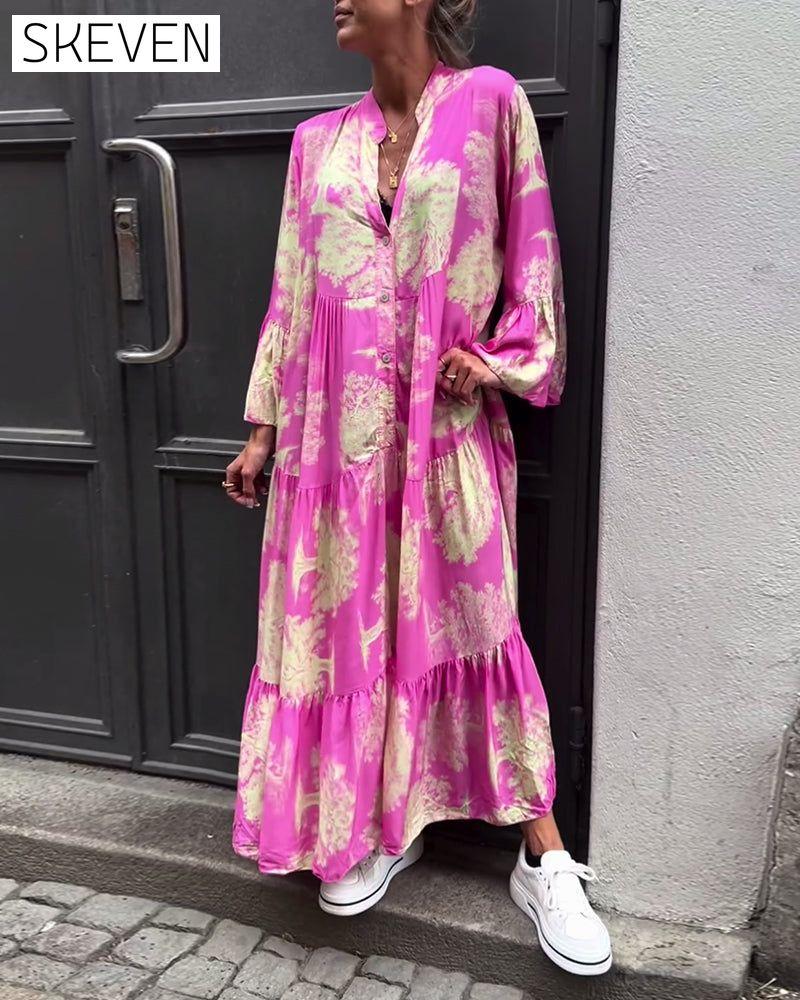 Loose printed V-neck bell sleeve patchwork dress