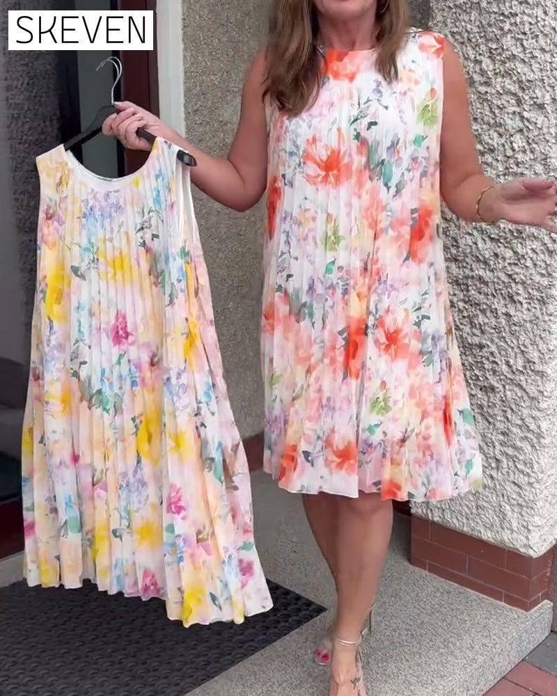 Sleeveless Pleated Floral Dress