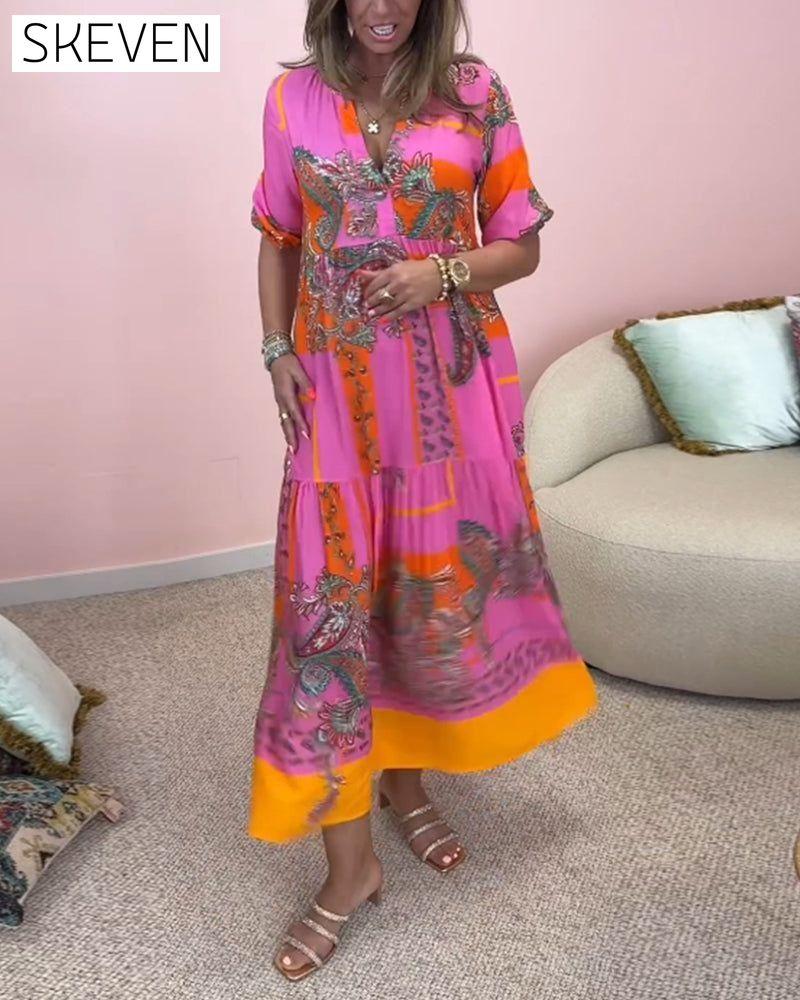 Deep V printed elegant loose long dress casual dresses spring summer