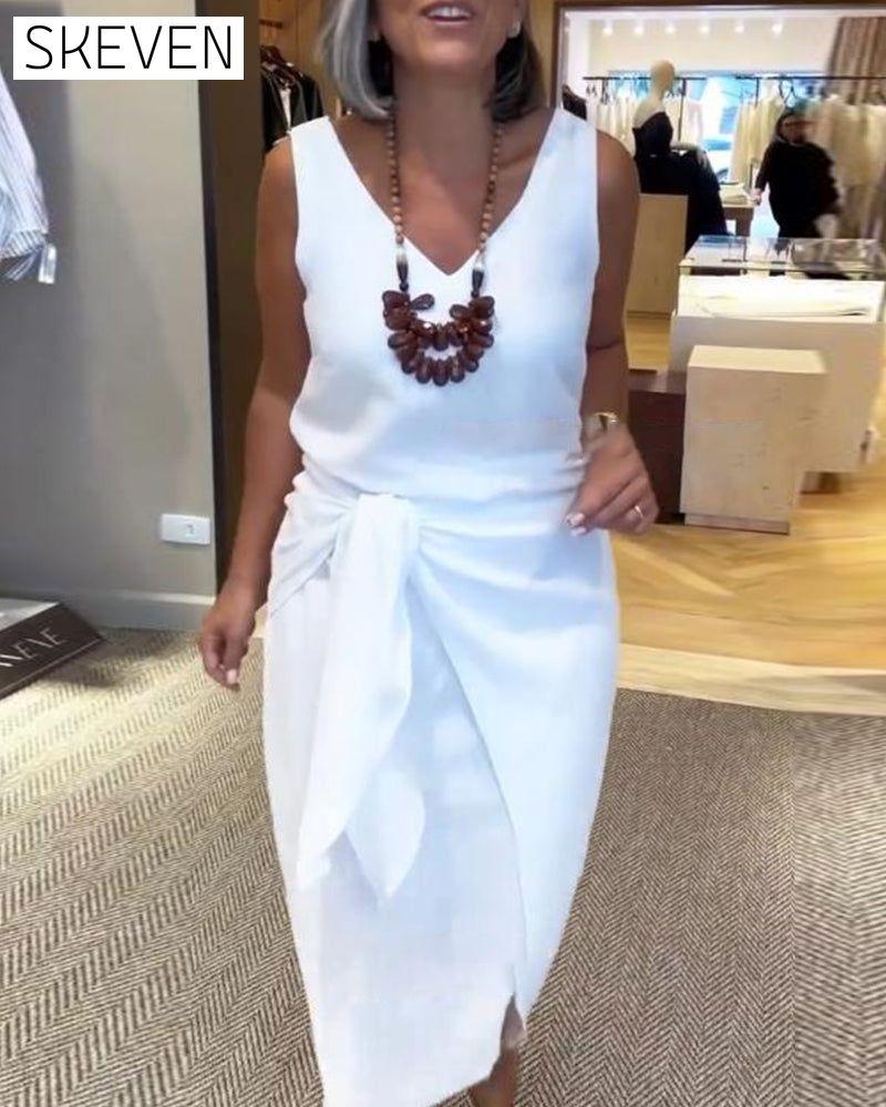 Sleeveless V-Neck Solid Color Dress