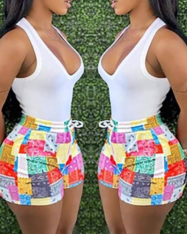 Solid halter tank top all over print shorts set