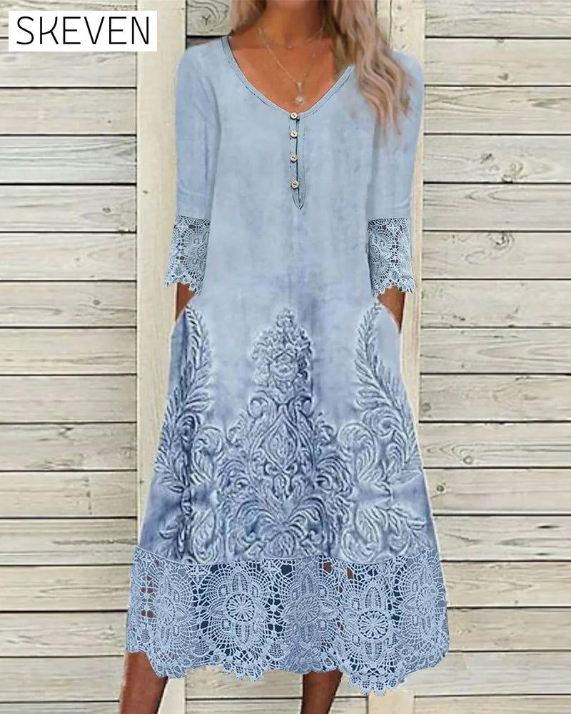 Buttoned lace patchwork dress casual dress elegant dress spring summer