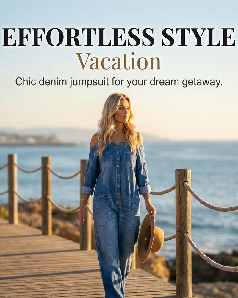 Spaghetti Strap Cold Shoulder Wide-Leg Denim Jumpsuit