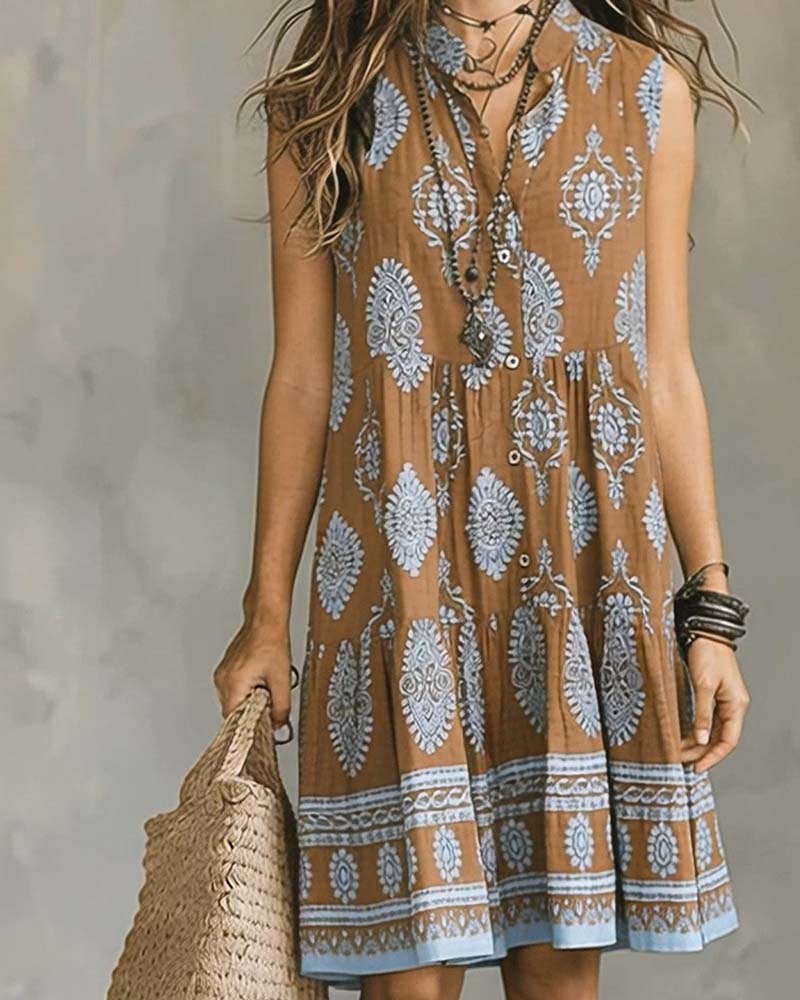 Boho Pattern Sleeveless Short Stand Collar Dress
