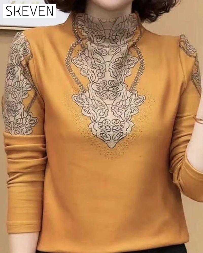Elegant Printed Fitted Women's Stand Collar Top