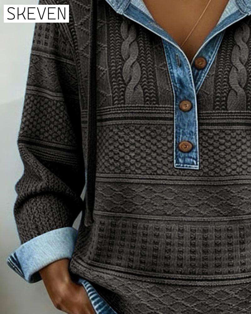 Zopfstrick-Denim-Patchwork-Hoodie