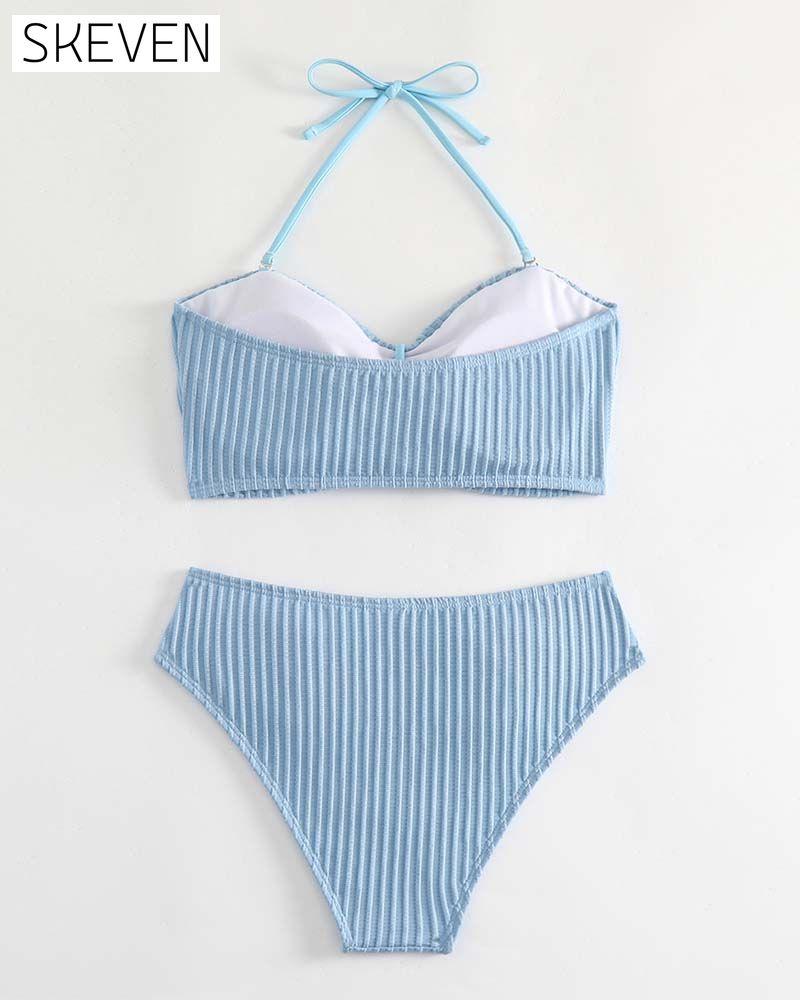 Halter Solid Color Striped Swimsuit