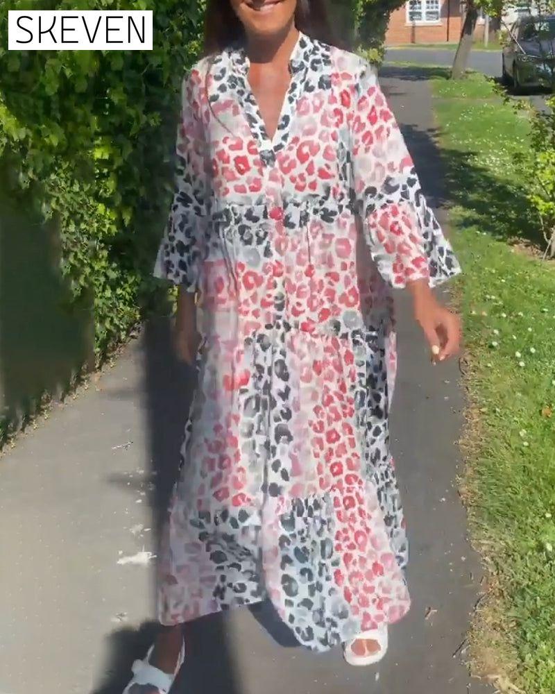 V-neck printed ruffle casual dress