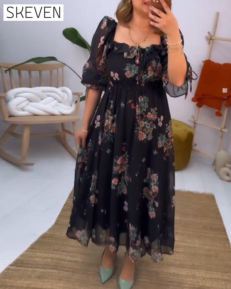 Floral print square neck elegant dress