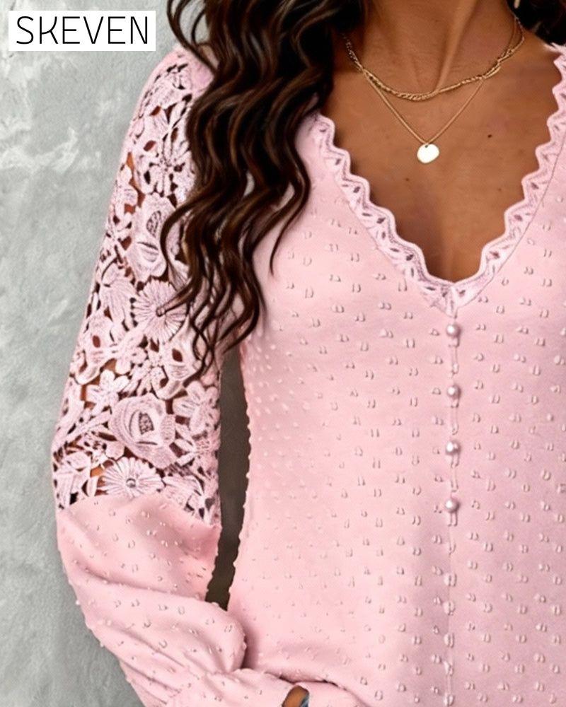 Solid Color 3D Crochet V-neck Blouse