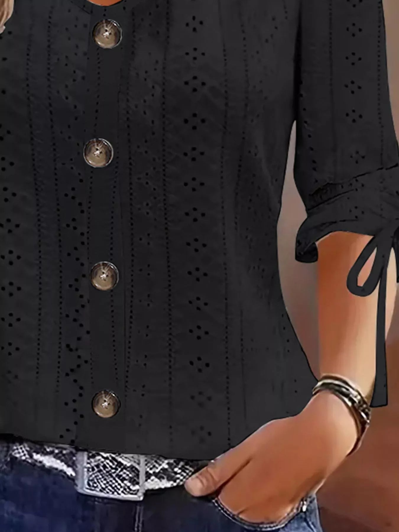 Eyelet Tie-Sleeve Detail Top