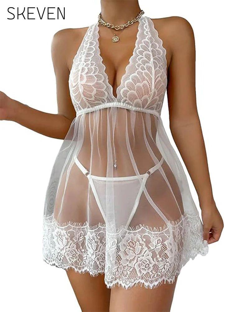 Nuisette babydoll en dentelle florale à dos nu et string 