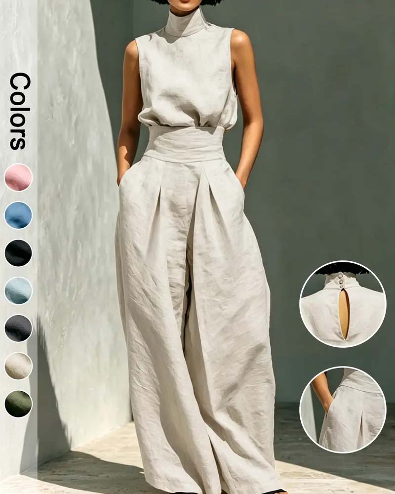 High Neck Sleeveless Wide Leg Waist Jumpsuit