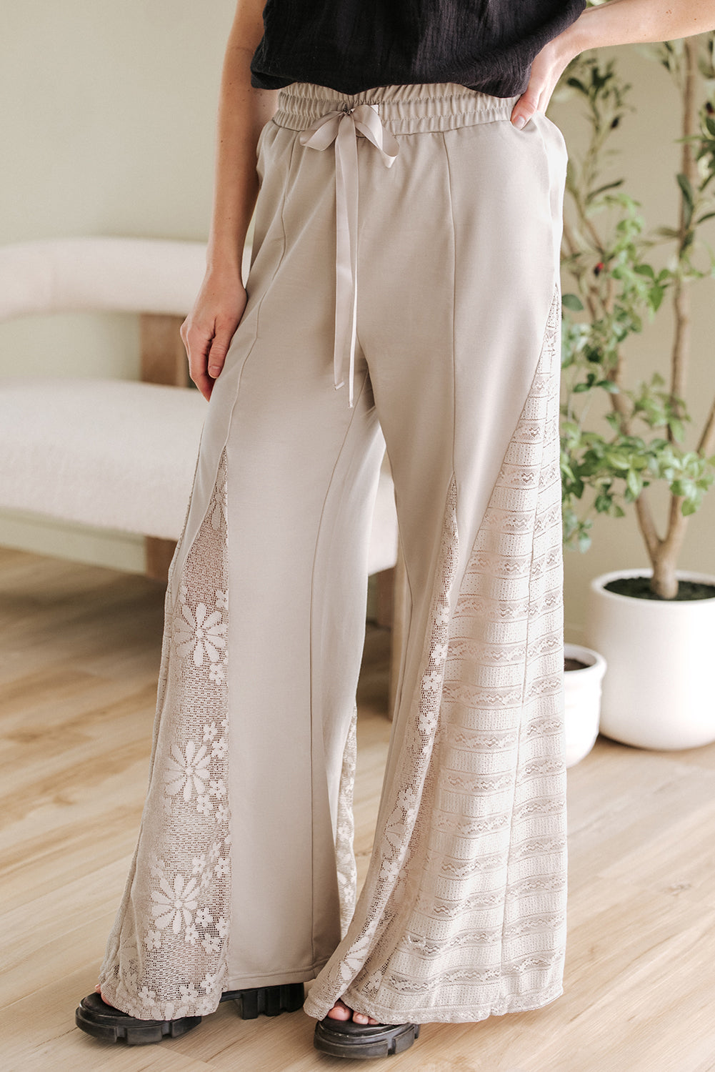 Blue Zone Planet |  Smoke Gray Boho Lace Patchwork Wide Leg High Waist Pants