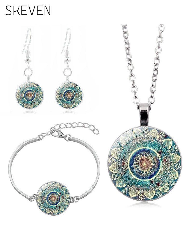Mandala-Blumen-Edelstein-Halsketten-Set