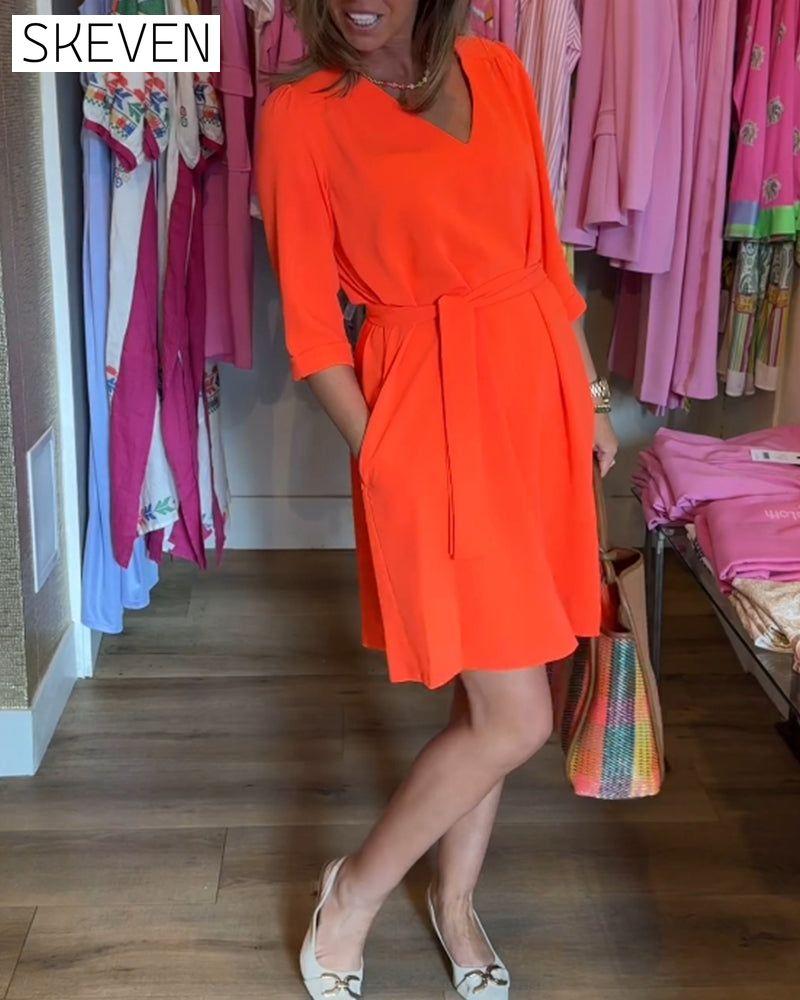 Midi Sleeve Solid Color Dress with Belt