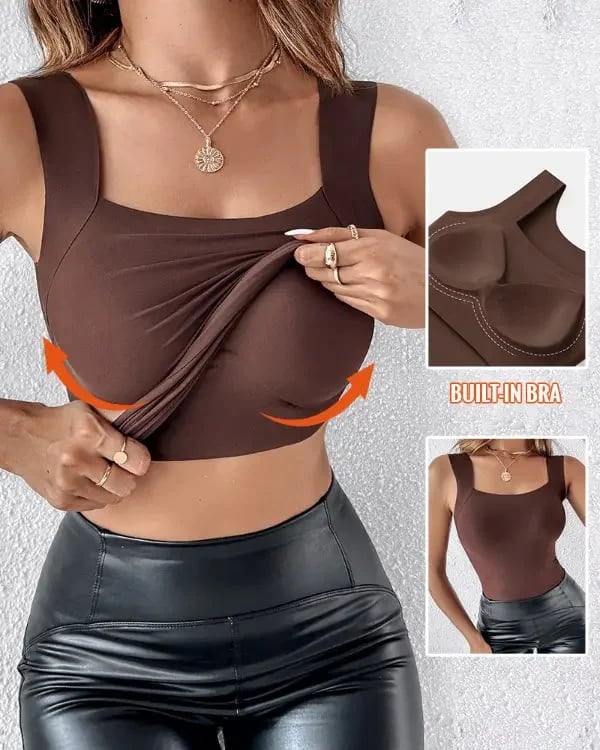 🔥Last Day Special Price ￡8.99!!💐Women's U Neck Camisole High Strechy Seamless Built-in Bra Padded Tank Tops
