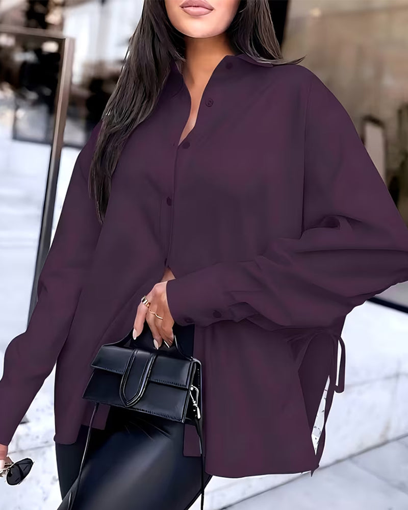 Tie Ruched Button Front Loose Shirt