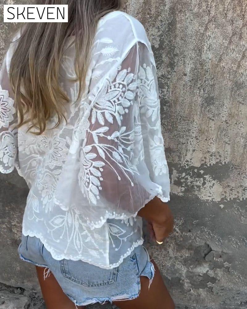 Butterfly Sleeve Round Neck Embroidered Blouse