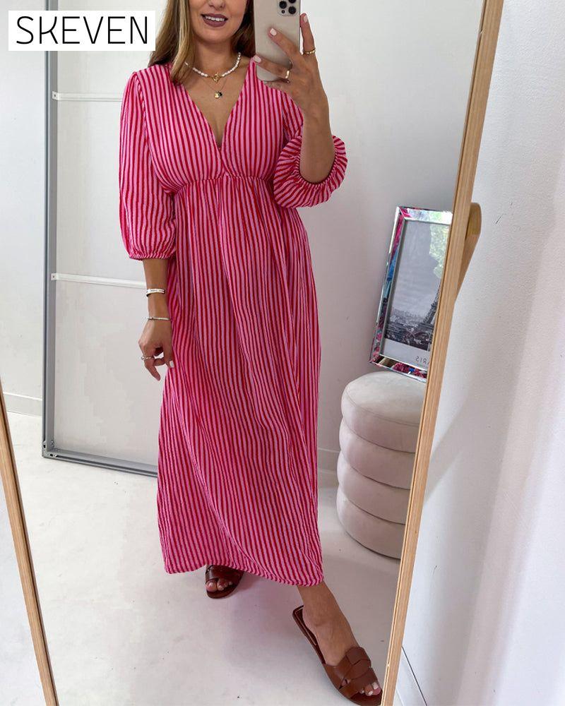 V-neck Lantern Sleeve Striped Dress