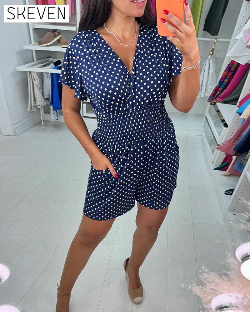 Lässiger Jumpsuit mit V-Ausschnitt, kurzen Ärmeln und Polka-Dot-Print