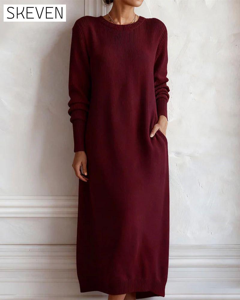 Rundhals-Strickkleid in Unifarbe