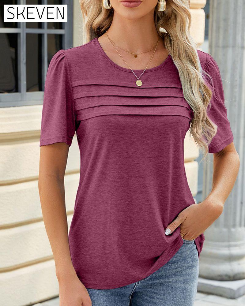 Einfarbiges T-Shirt mit U-Ausschnitt und Raffungen