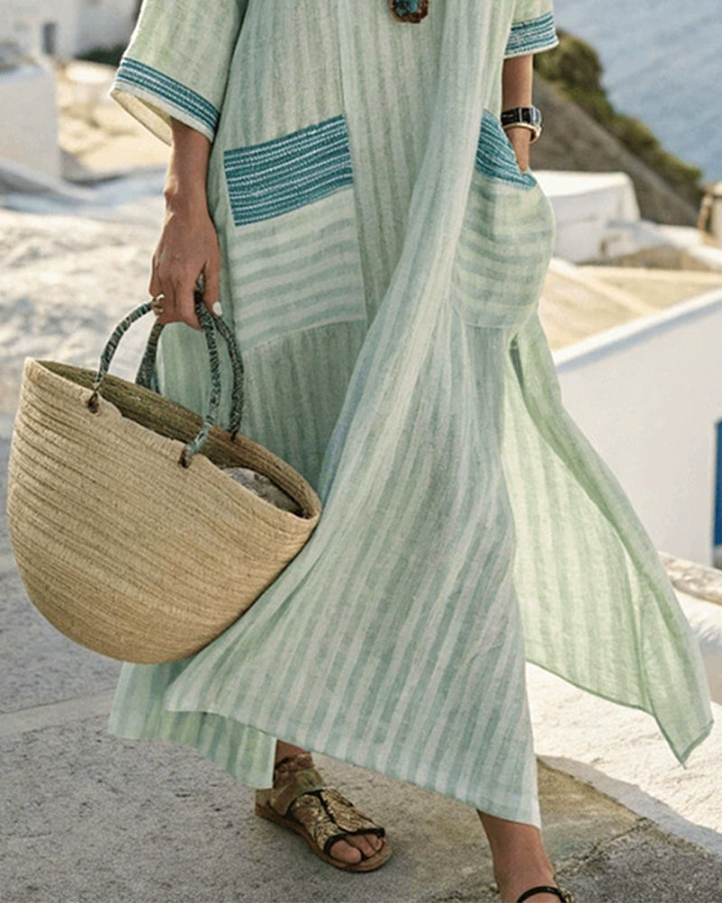 Stripe V-Neck Pocket Relaxed Long Dress
