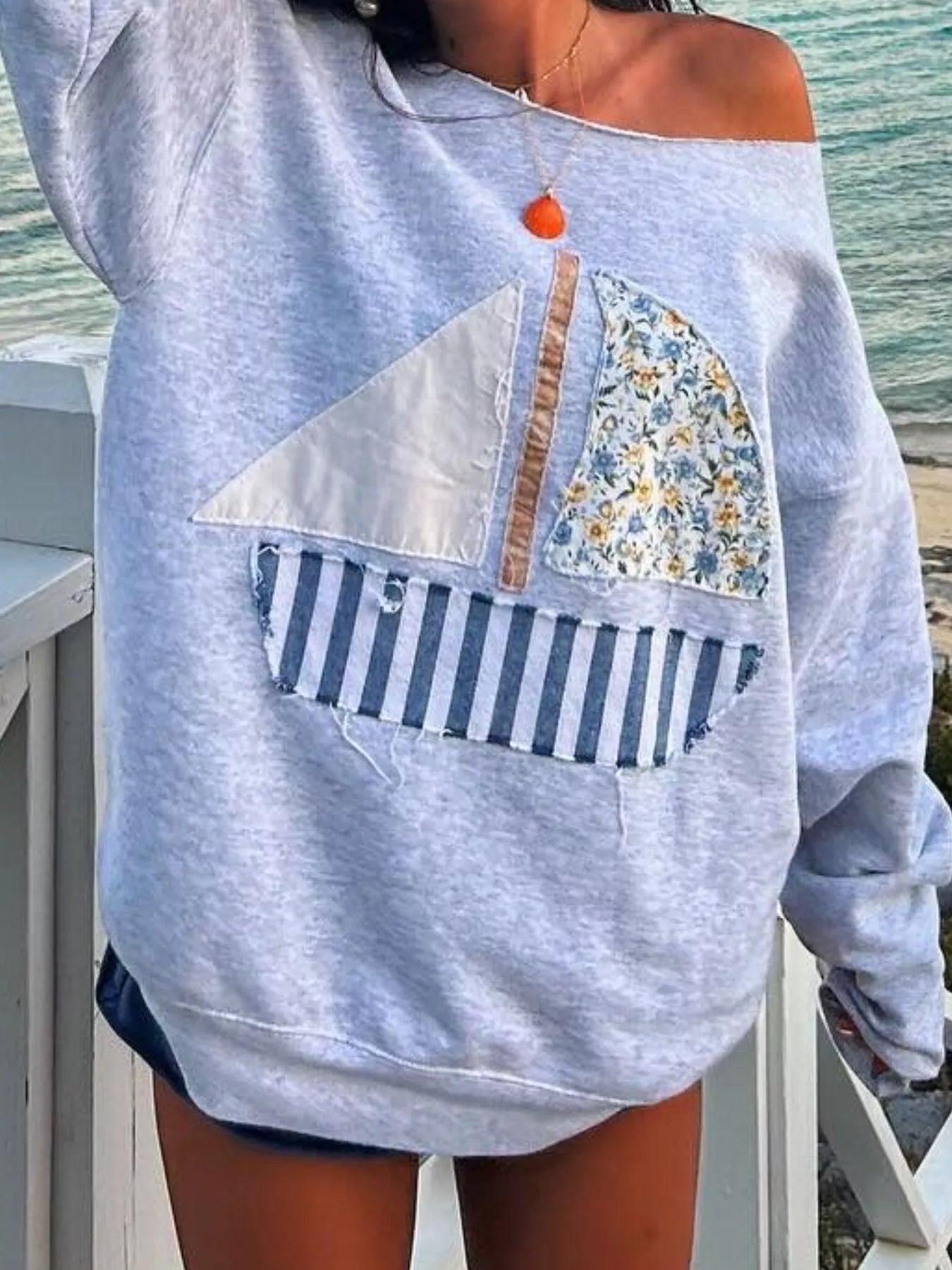 Boat Neck Long Sleeve Patchwork Sweatshirt