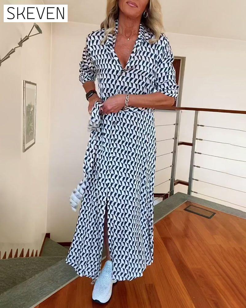 Geometric print lapel slit dress