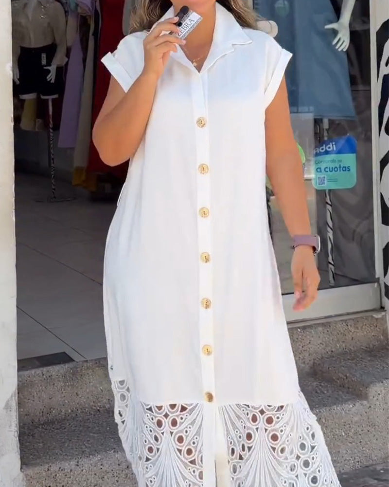 Sleeveless Shirt Lace Hem Long Dress