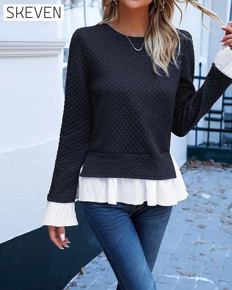Lace Contrast Crew Neck Top