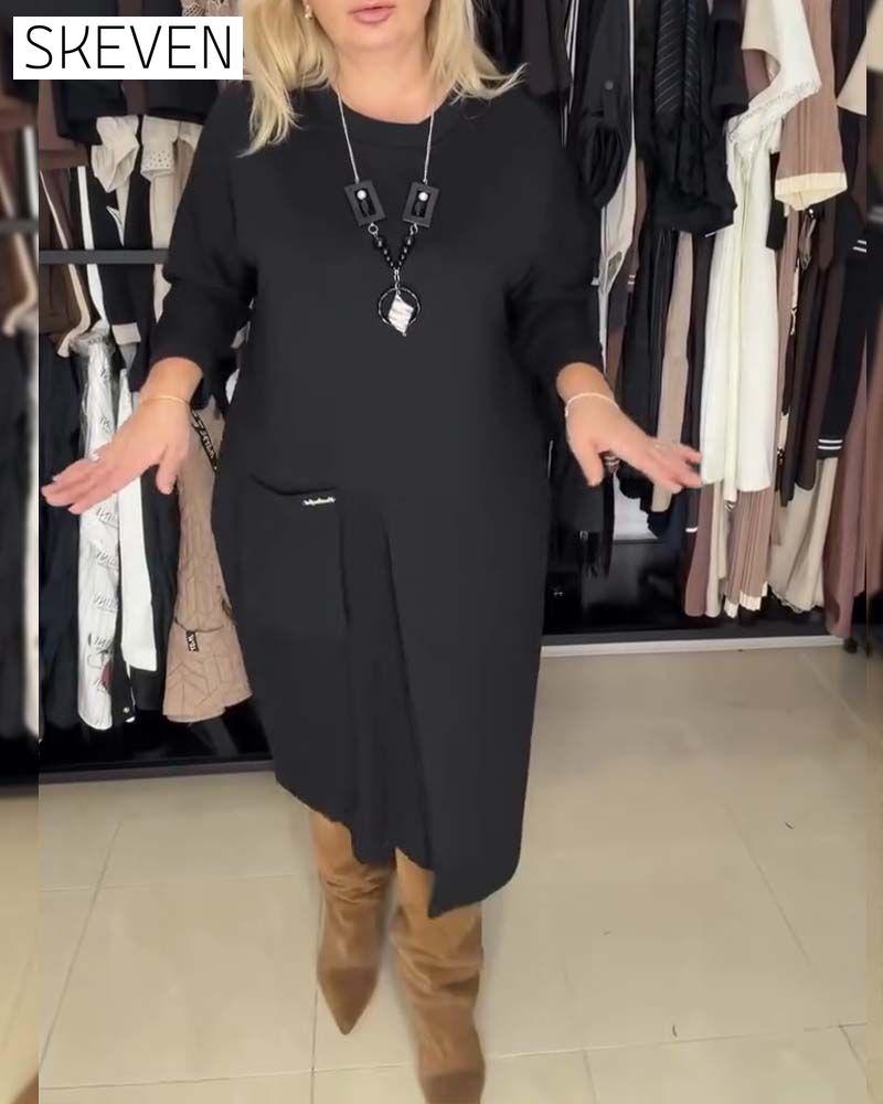 Lockeres, einfarbiges Kleid mit Rundhalsausschnitt