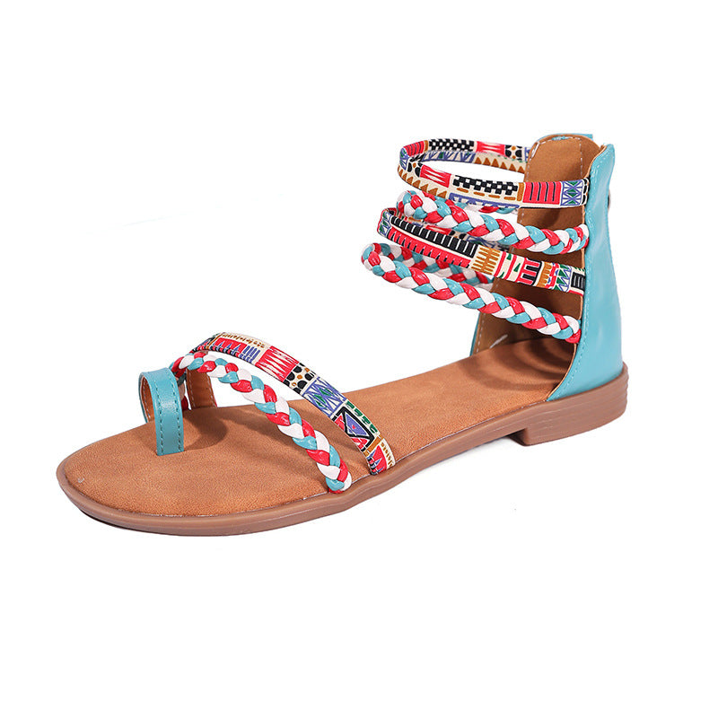 Flat Sandals Colorful Weave Strapped Shoes With Back Zipper Women's Shoes