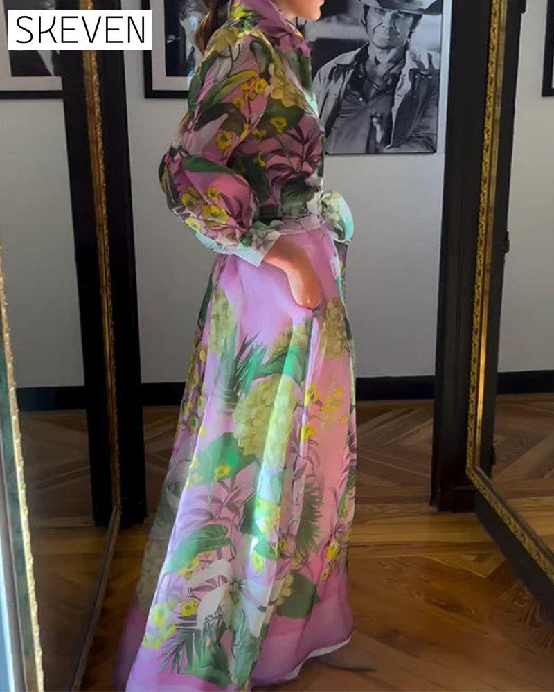 Stylish maxi dress with lapel and floral print with pocket 2024 f/w party dresses spring vacation dresses