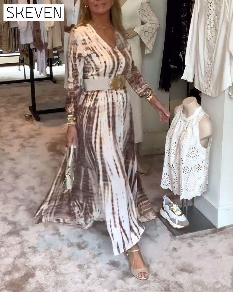 Printed long-sleeve V-neck slit waist dress